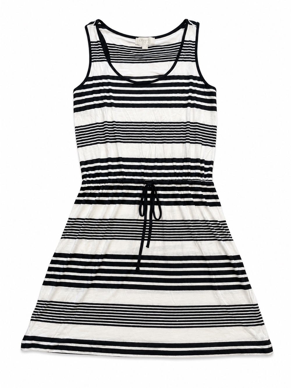 Olive & Oak Black White Striped Sleeveless Knit Dress Drawstring Waist Medium